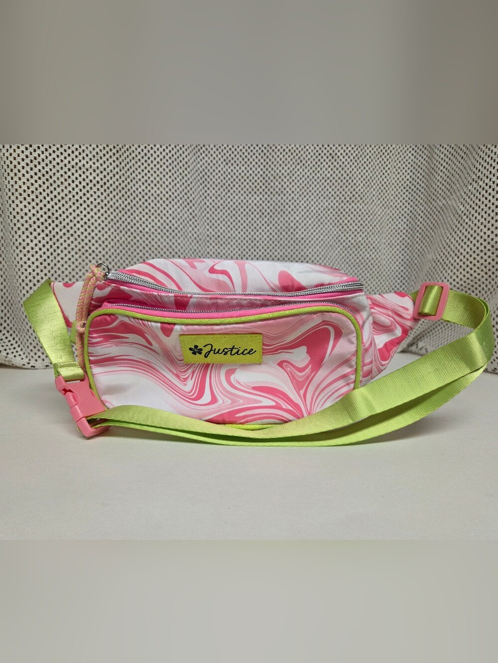 Justice Pink Marble Print Crossbody Bag with Lime Strap